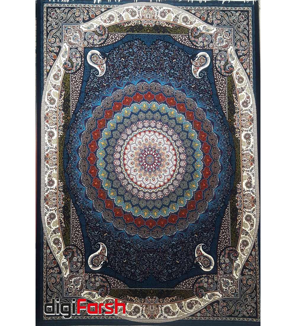 فرش ماشینی نیاوران کاشان طرح بنیتا 700 شانه زمینه سرمه ای تراکم 2550 کد 700598