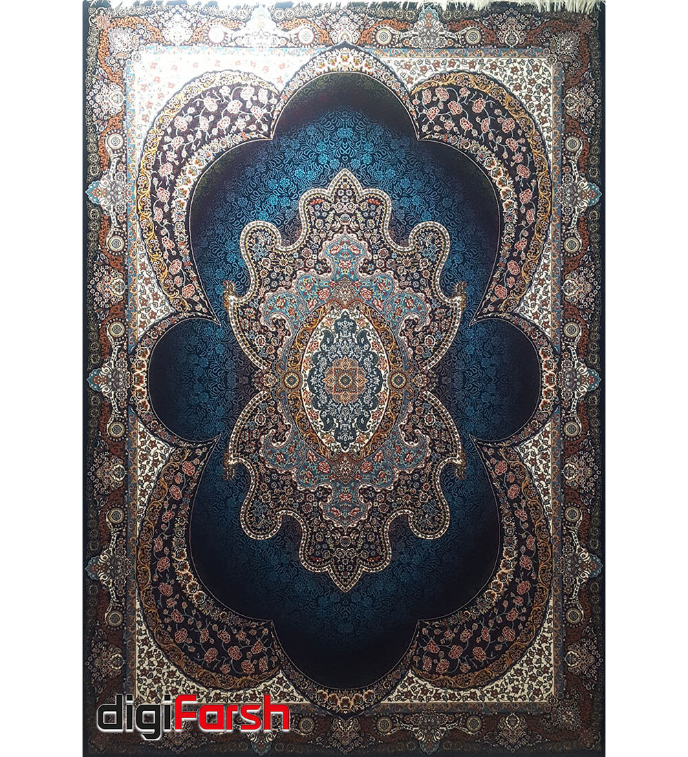 فرش ماشینی نیاوران کاشان طرح مهبد 700 شانه زمینه سرمه ای کد 700606