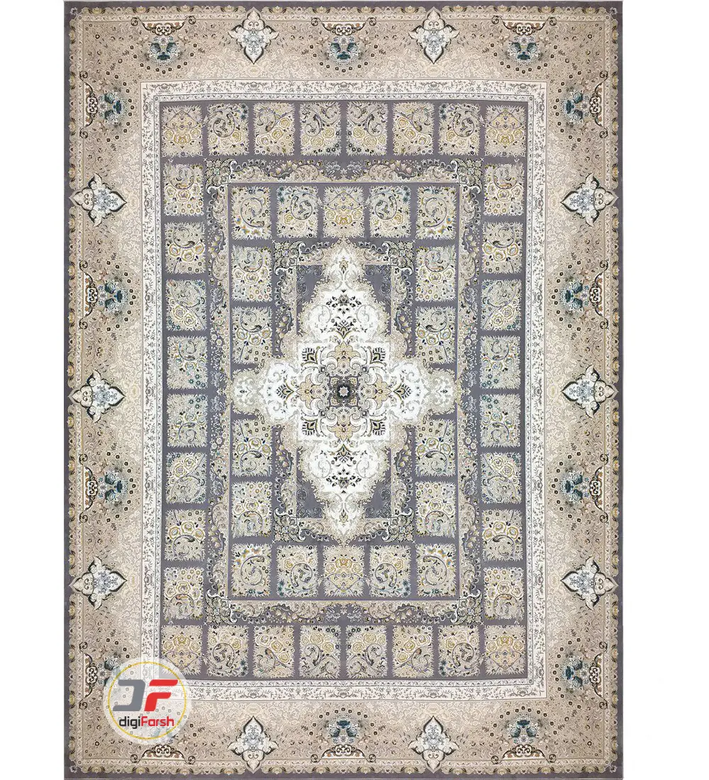 فرش بزرگمهر گل برجسته طرح خشتی زمینه خاکستری کد 521011611