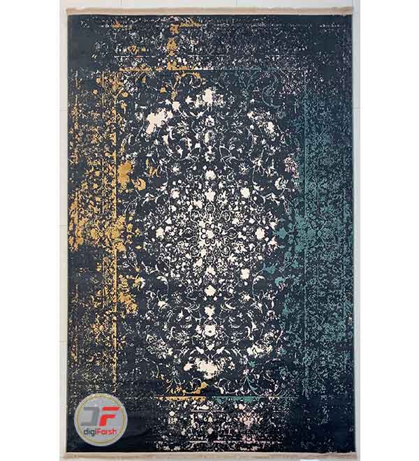 فرش کاشان مدرن زمینه سرمه ای طلایی گل برجسته وینتیج کد 31-151