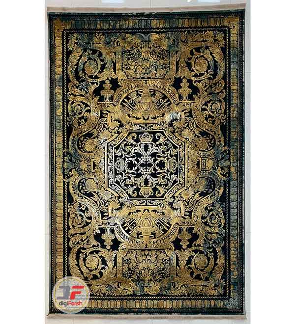 فرش کهنه نمای کاشان مدرن گل برجسته زمینه طلایی مشکی کد 33-178