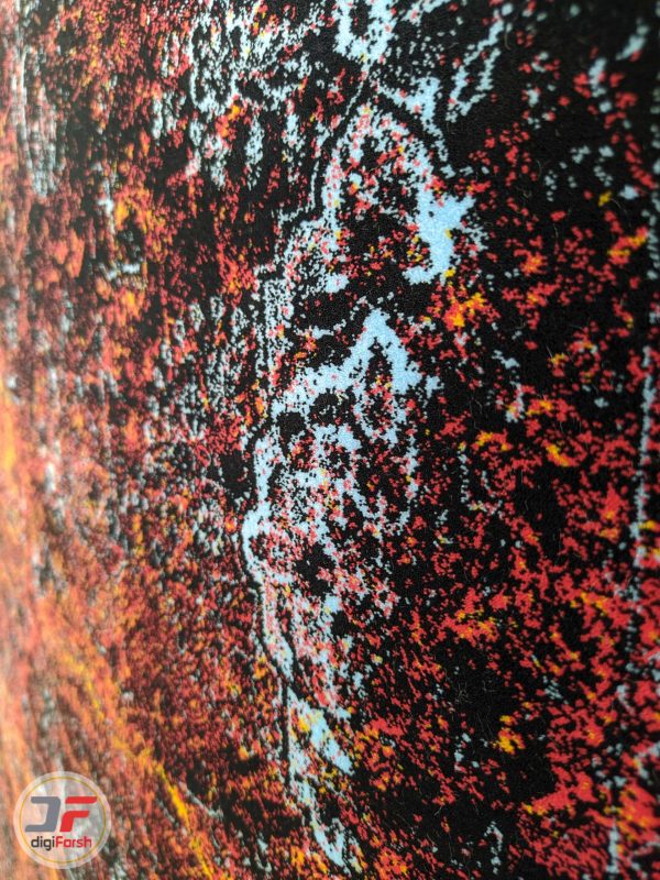 نمای نزدیک فرش فانتزی و مدرن طرح پتینه زمینه نارنجی مشکی کد 21-862