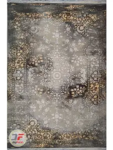 عکس اصلی فرش ماشینی طرح وینتیج فانتزی گل برجسته طوسی طلایی کد 45
