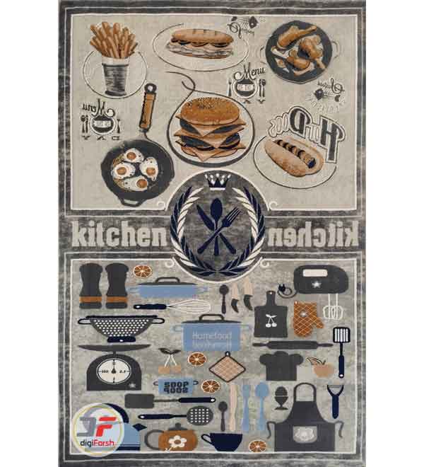 فرش فانتزی ماشینی آشپزخانه طرح سه‌بعدی زمینه خاکستری کد 614